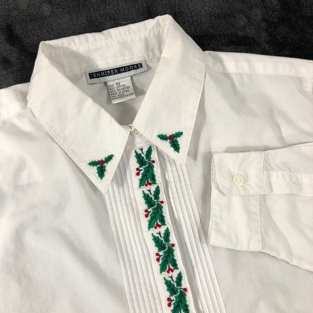 Jennifer Moore Shirt Women's Size 10 White Holly Berry Button Up Christmas